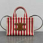 Celine 2026 Cabas Thais Striped Bag 29cm Red White Textile Calfskin 283595
