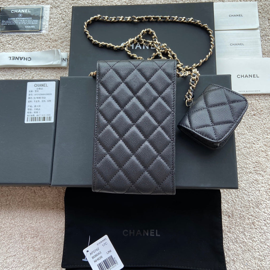 CC Phone Holder Pale & Air Pod Bag Black Caviar Diamond Hardware 229776