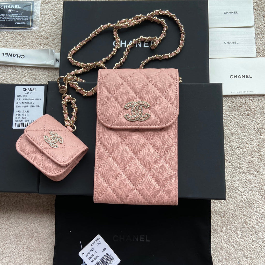 CC Phone Holder Pale & Air Pod Bag Pink Caviar Diamond Hardware 229778