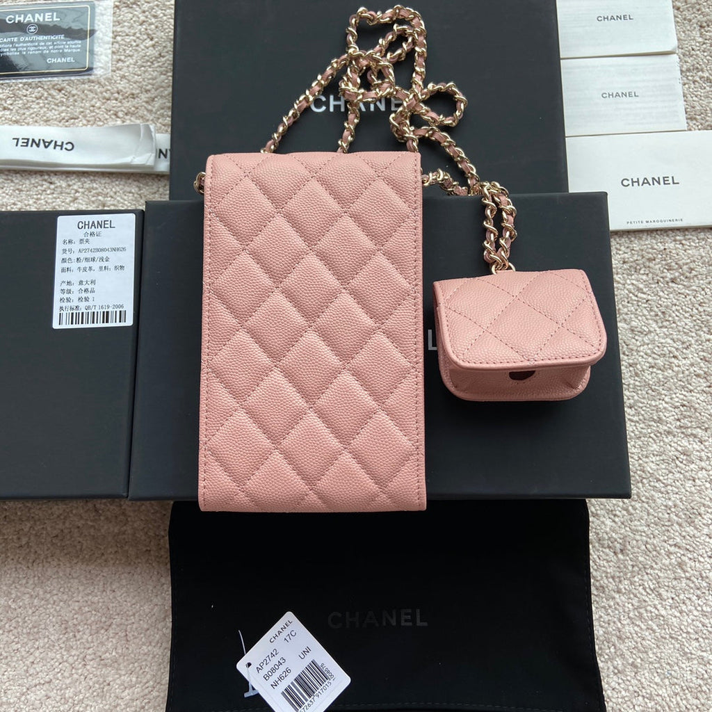 CC Phone Holder Pale & Air Pod Bag Pink Caviar Diamond Hardware 229778
