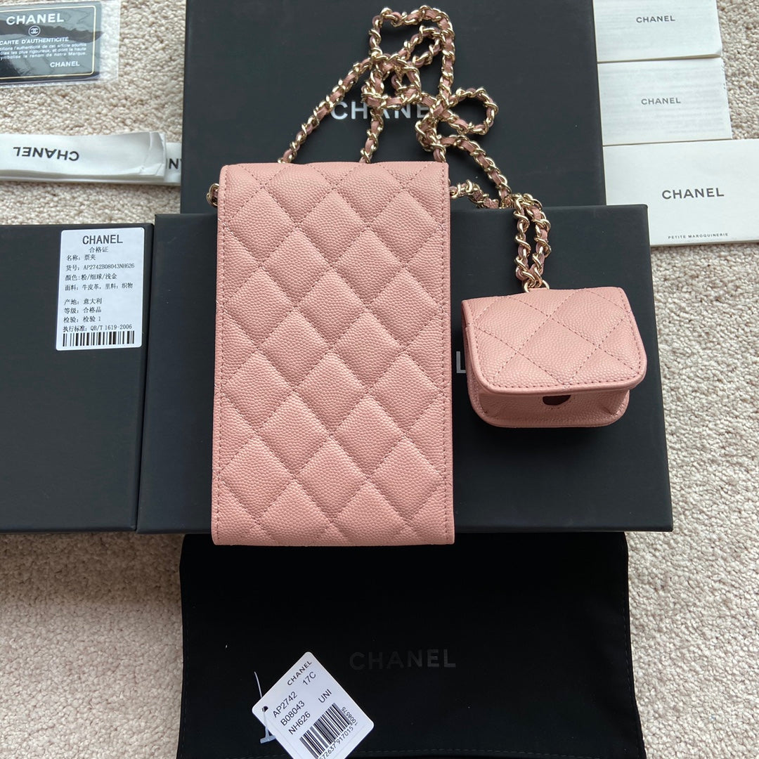 CC Phone Holder Pale & Air Pod Bag Pink Caviar Diamond Hardware 229778