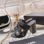 CC 25C Three Strap Sandal Mule High Heel Black Sheepskin 213348
