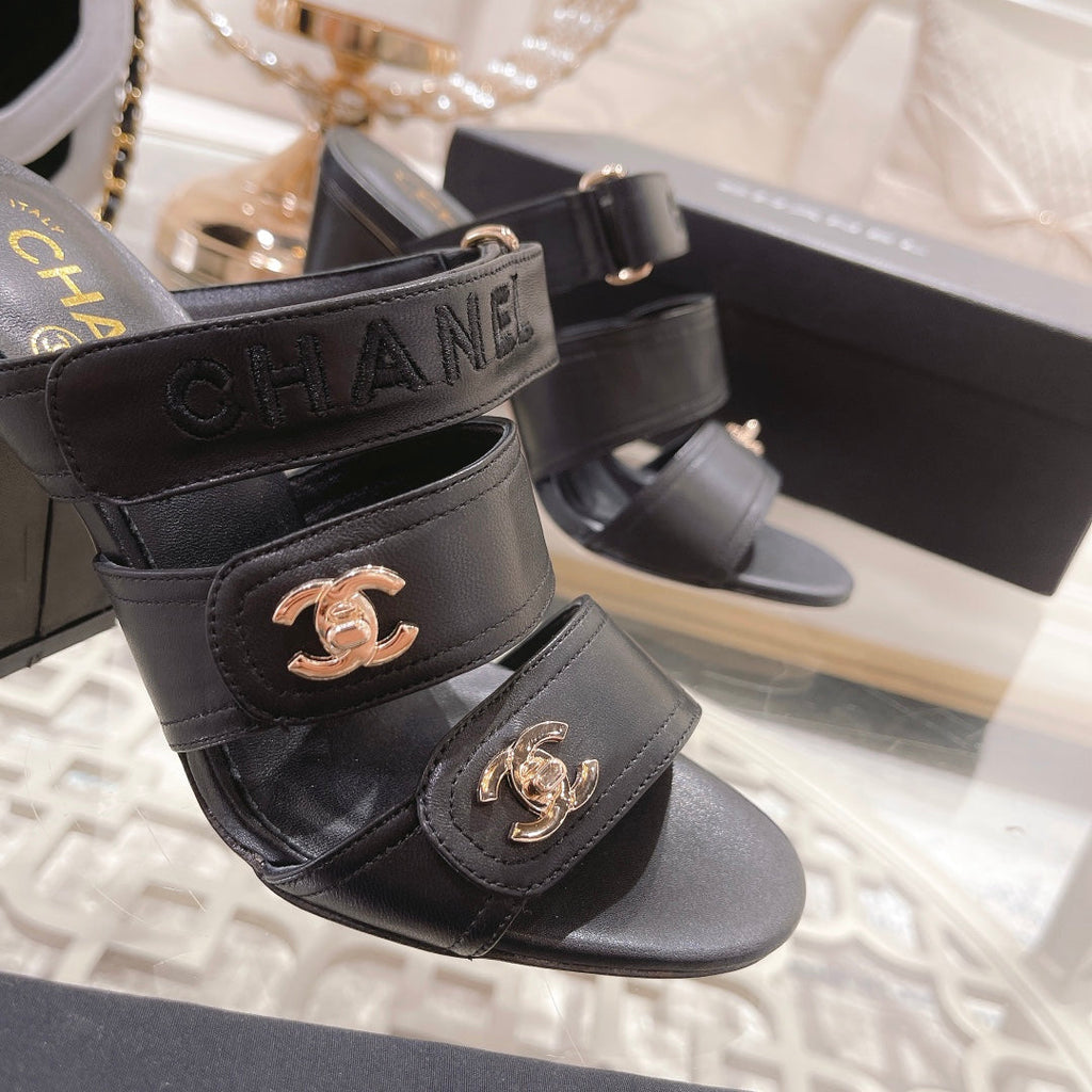 CC 25C Three Strap Sandal Mule High Heel Black Sheepskin 213348