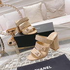 CC 25C Three Strap Sandal Mule High Heel Cream Sheepskin 213347