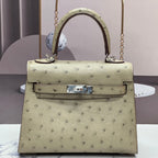 KELLY BAG 20 IN KHAKI TAN OSTRICH LEATHER WITH SILVER HARDWARE (MADE - TO - ODER)