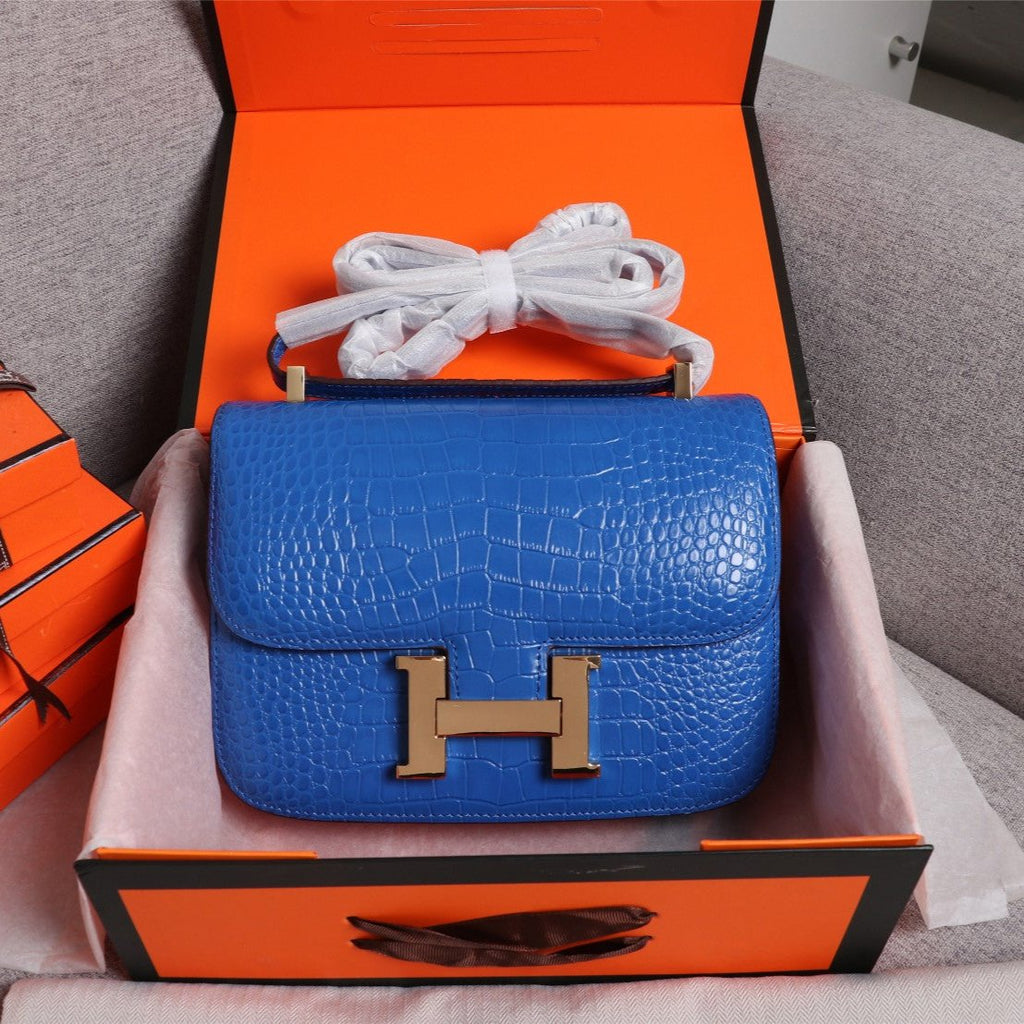 HM CONSTANCE 23 COBALT CROCODILE EMBOSSED CALFSKIN GOLD HARDWARE