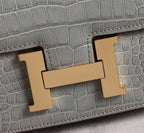HM CONSTANCE 23 LIGHT GREY CROCODILE EMBOSSED CALFSKIN GOLD HARDWARE