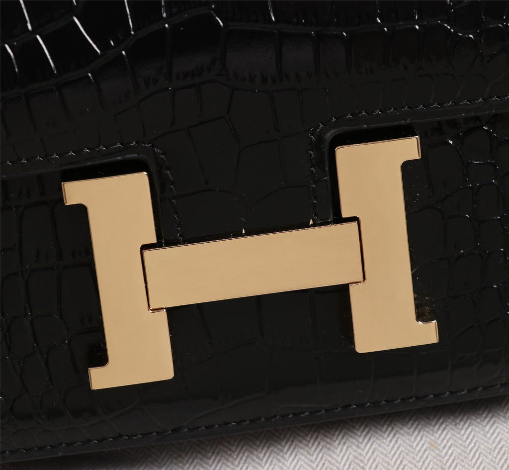 HM CONSTANCE 23 BLACK CROCODILE EMBOSSED CALFSKIN GOLD HARDWARE