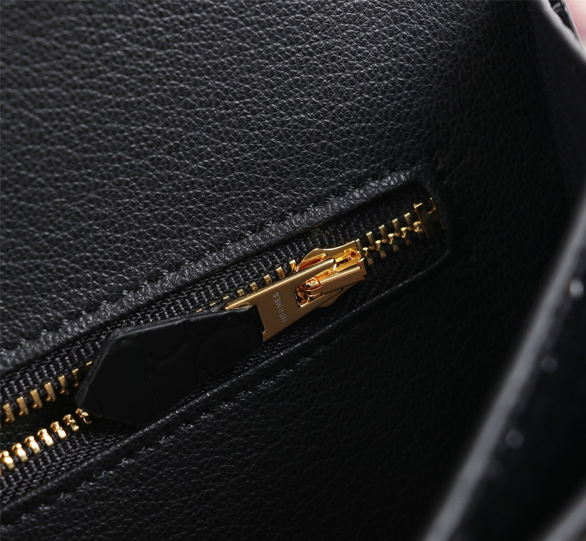 HM CONSTANCE 23 BLACK CROCODILE EMBOSSED CALFSKIN GOLD HARDWARE