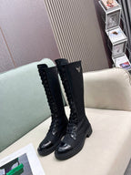 LACE-UP KNEE BOOTS IN BLACK DENIM AND SHEEPSKIN LINING