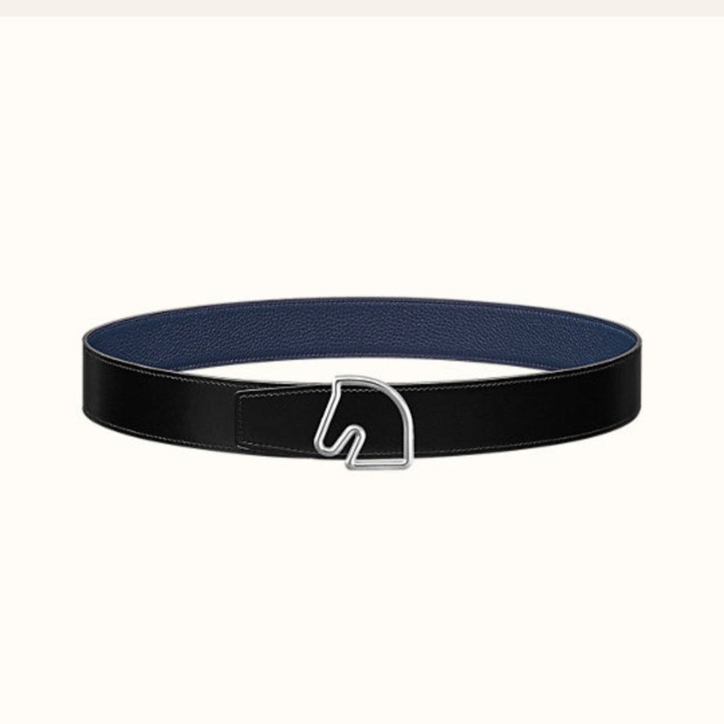 BOUCLE BELT BUCKLE & REVERSIBLE NAVY BLUE AND BLACK AND WHITE LEATHER STRAP 38MM SILVER HARDWARE