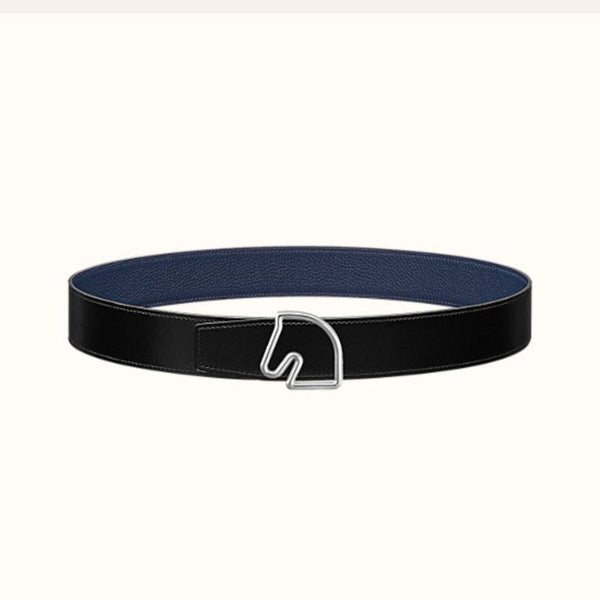 BOUCLE BELT BUCKLE & REVERSIBLE NAVY BLUE AND BLACK AND WHITE LEATHER STRAP 38MM SILVER HARDWARE