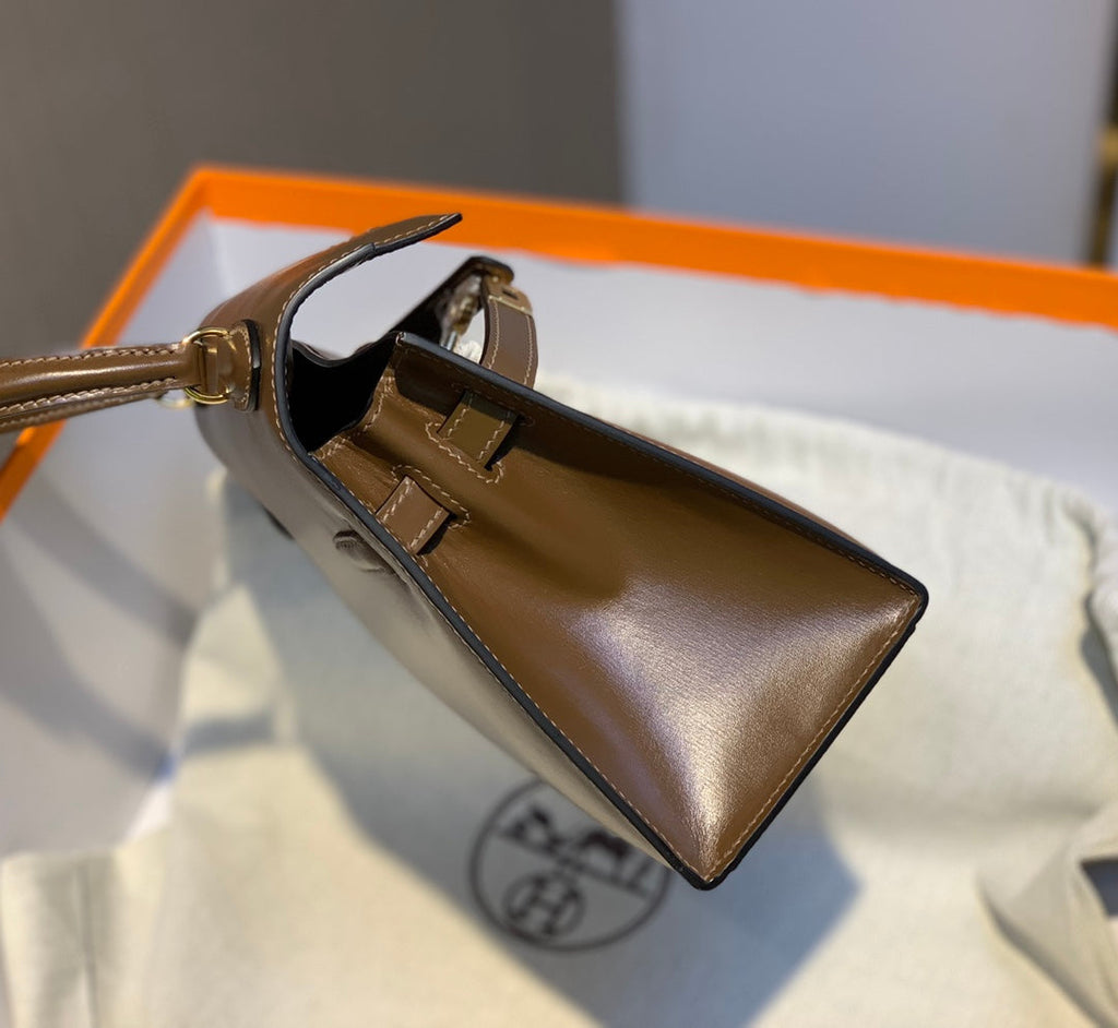 KELLY MINI 20 BAG IN CHOCOLATE BROWN SMOOTH CALFSKIN WITH GOLD HARDWARE (MADE - TO - ODER)