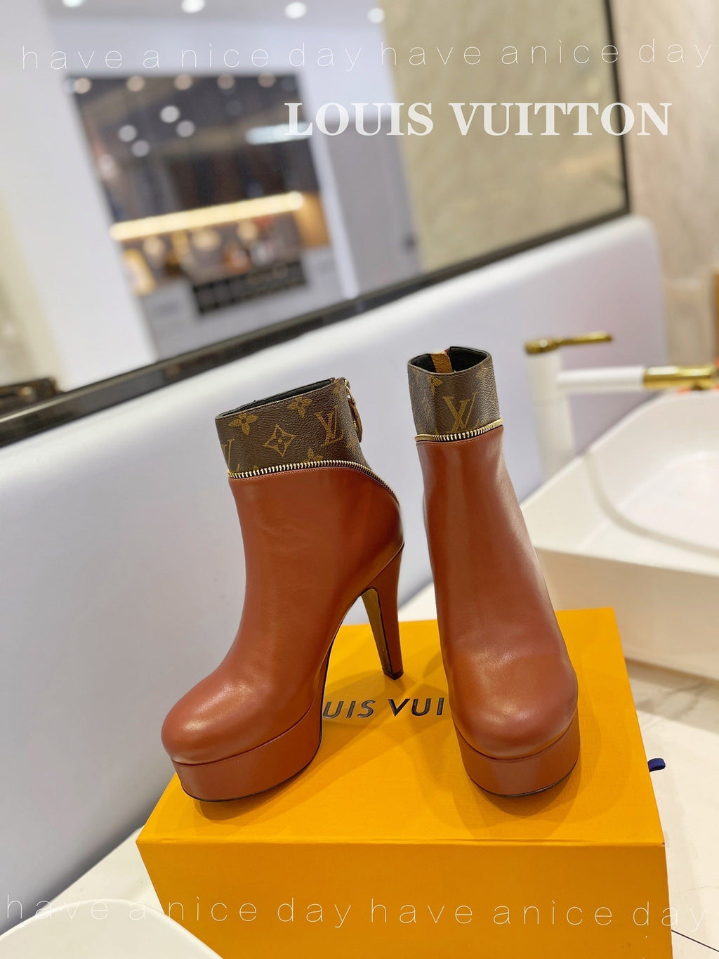 LV Afterglow Boot 10.5 Brown Cowhide Monogram Canvas