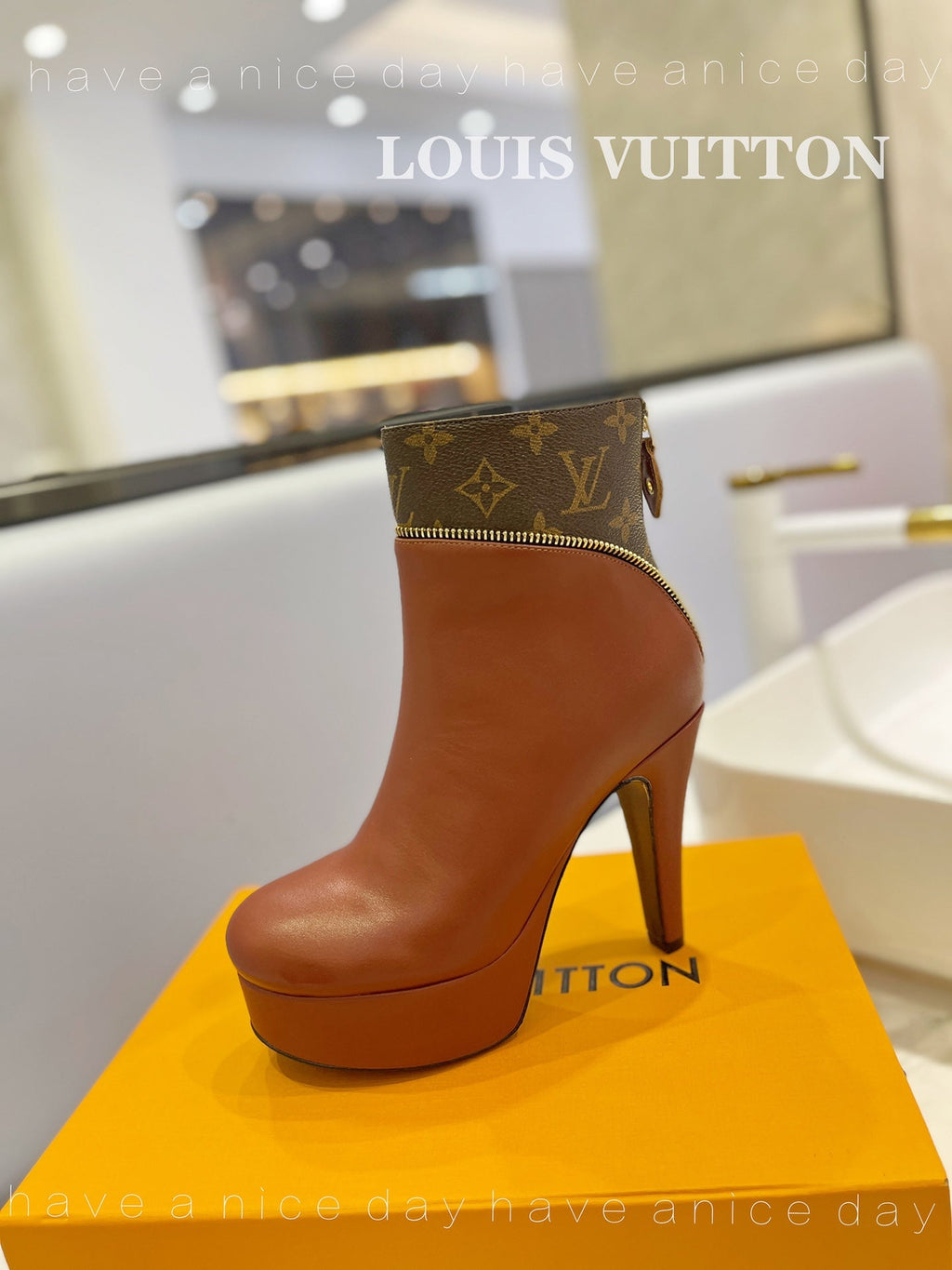 LV Afterglow Boot 10.5 Brown Cowhide Monogram Canvas