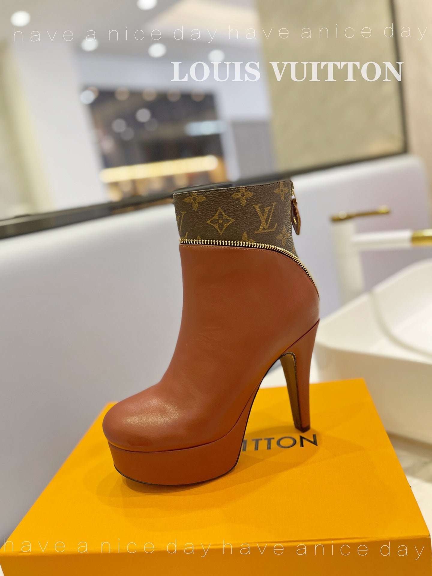 LV Afterglow Boot 10.5 Brown Cowhide Monogram Canvas