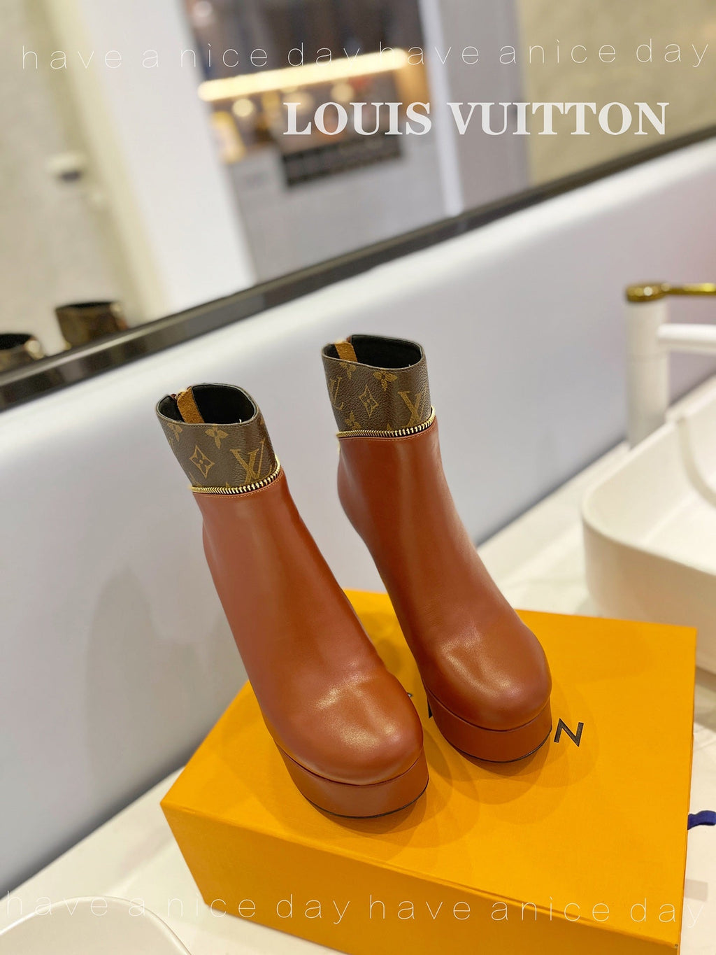 LV Afterglow Boot 10.5 Brown Cowhide Monogram Canvas