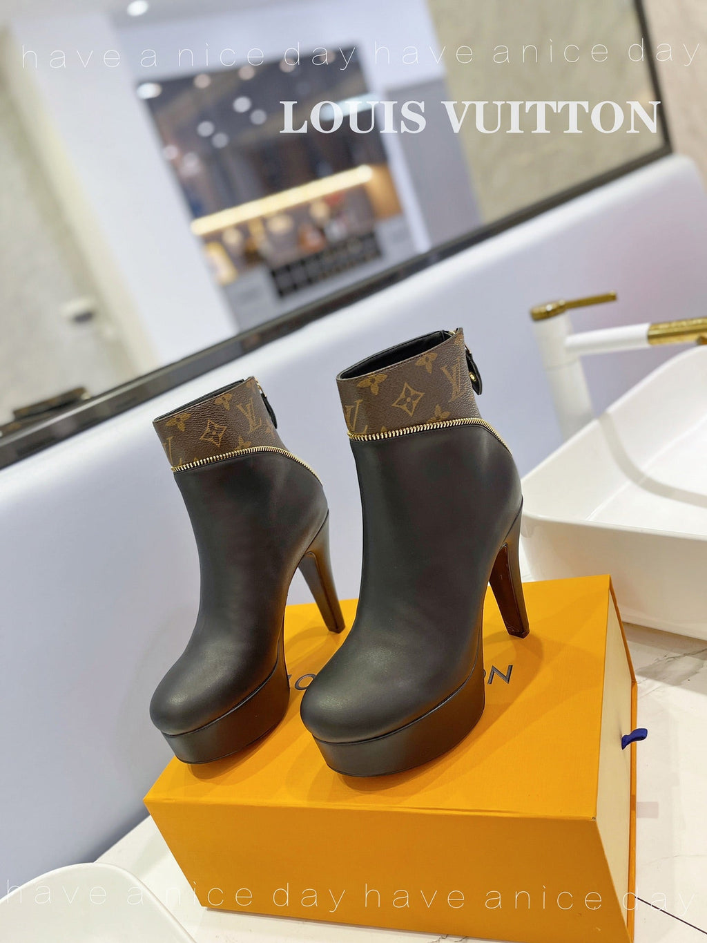 LV Afterglow Boot 10.5 Black Cowhide Monogram Canvas