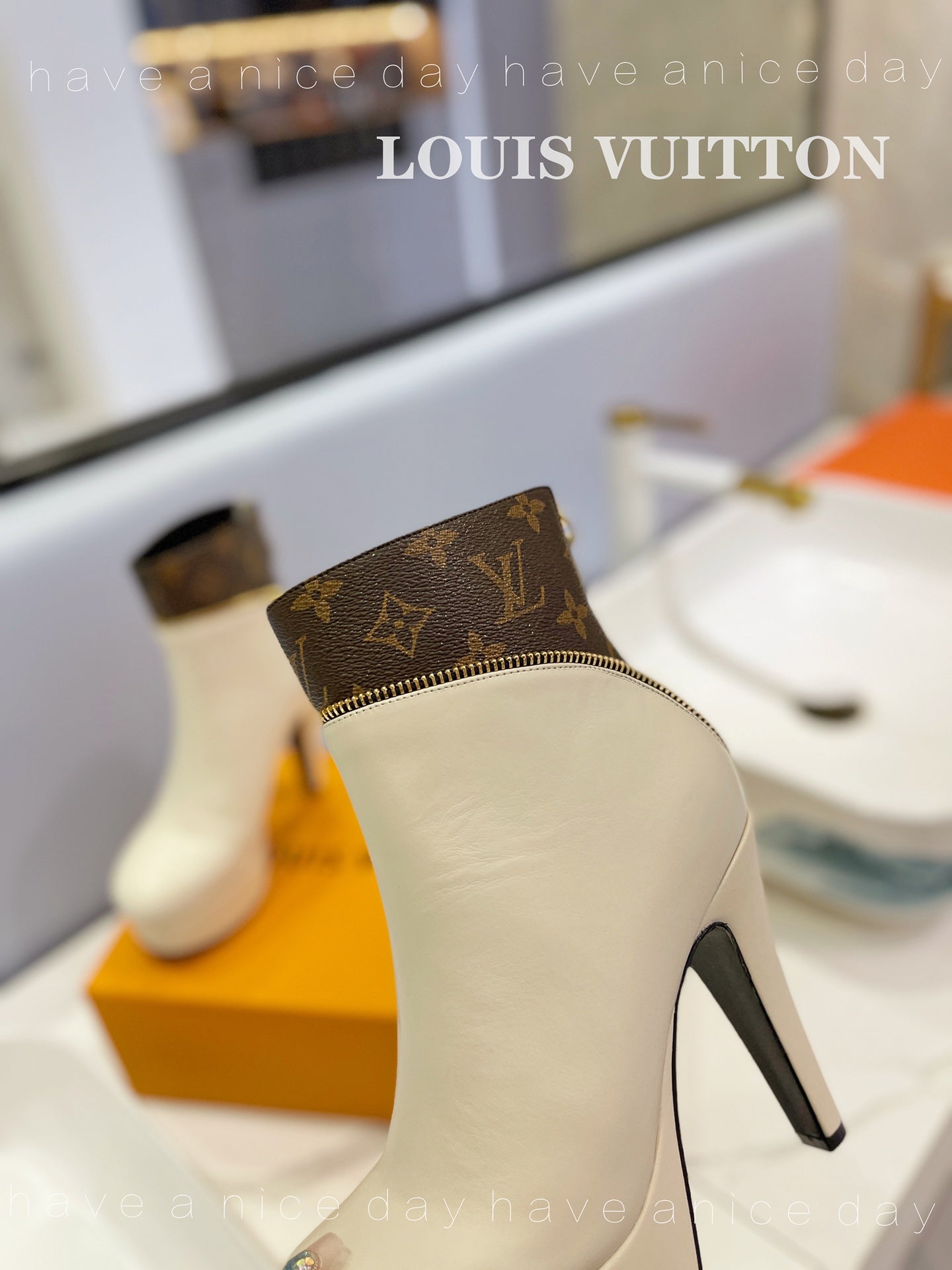 LV Afterglow Boot 10.5 Cream Cowhide Monogram Canvas