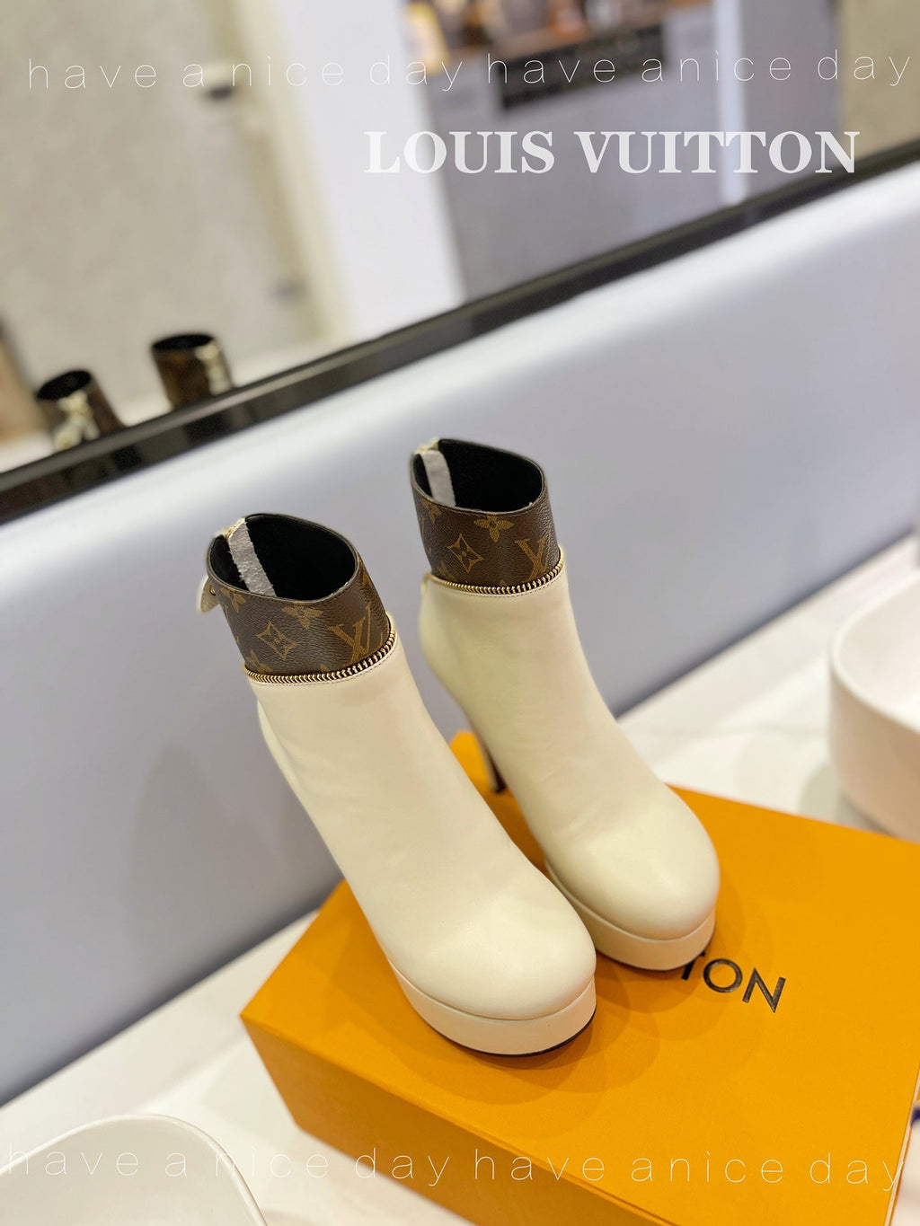LV Afterglow Boot 10.5 Cream Cowhide Monogram Canvas