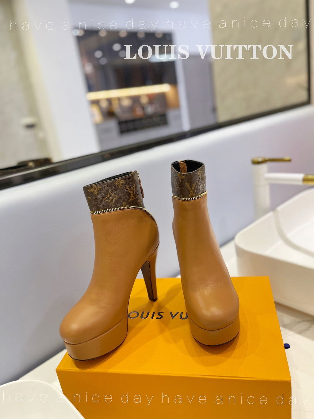 LV Afterglow Boot 10.5 Light Brown Cowhide Monogram Canvas