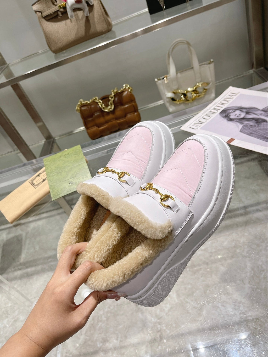 GG Snow Boots White Pink Calfskin Wool 576241