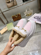 GG Snow Boots White Pink Calfskin Wool 576241
