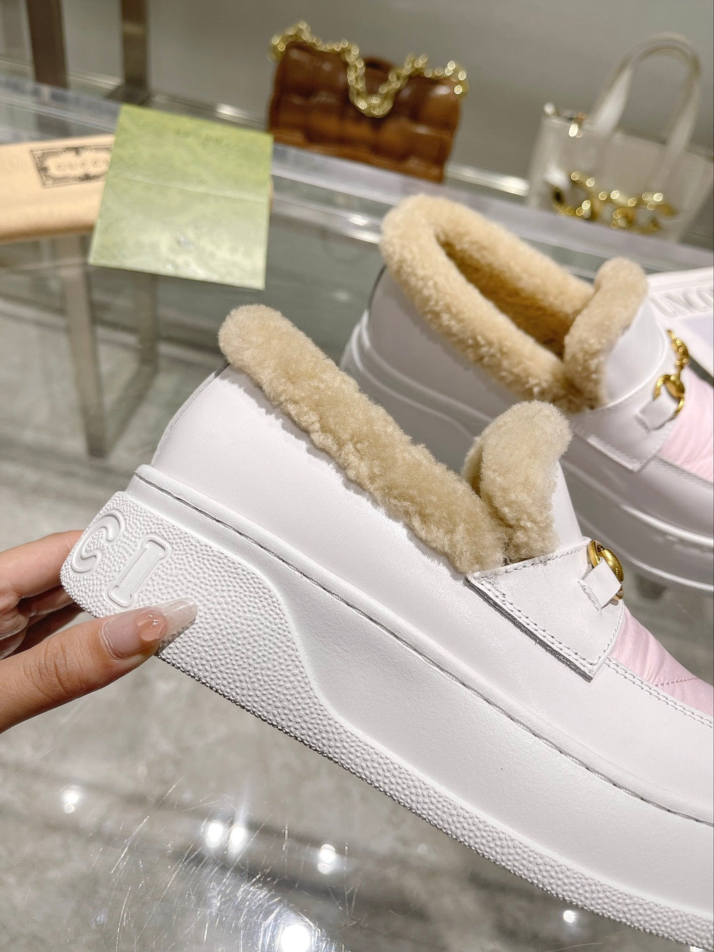 GG Snow Boots White Pink Calfskin Wool 576241