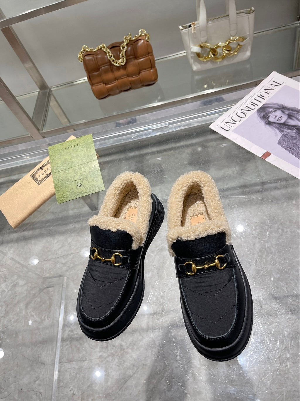 GG Snow Boots Black Calfskin Wool 576242