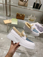 GG Snow Boots White Blue Calfskin Denim Wool 576245