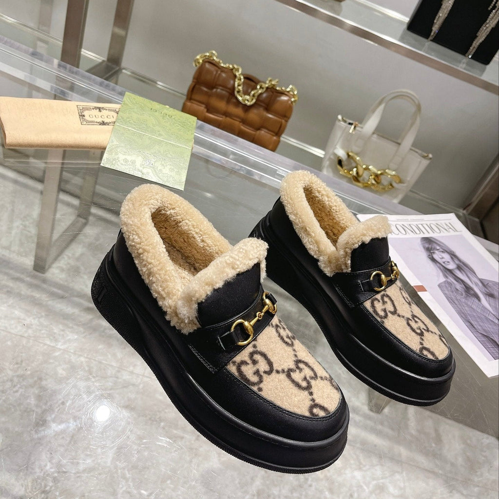 GG Snow Boots Black Beige Calfskin Suede Wool 576246