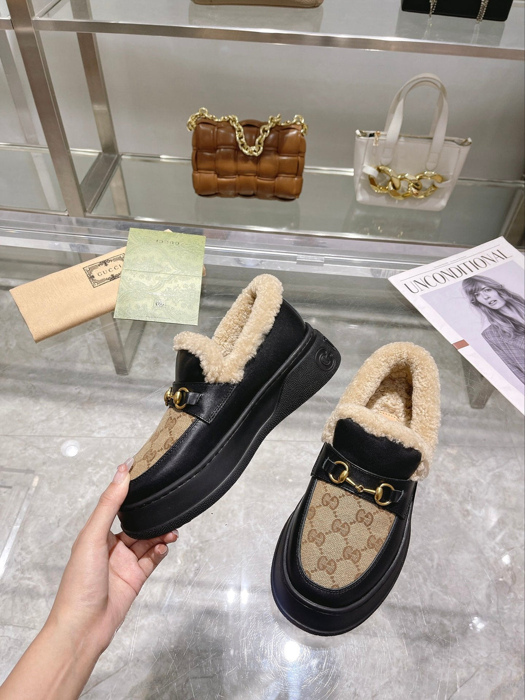 GG Snow Boots Black Beige Calfskin Denim Wool 576250