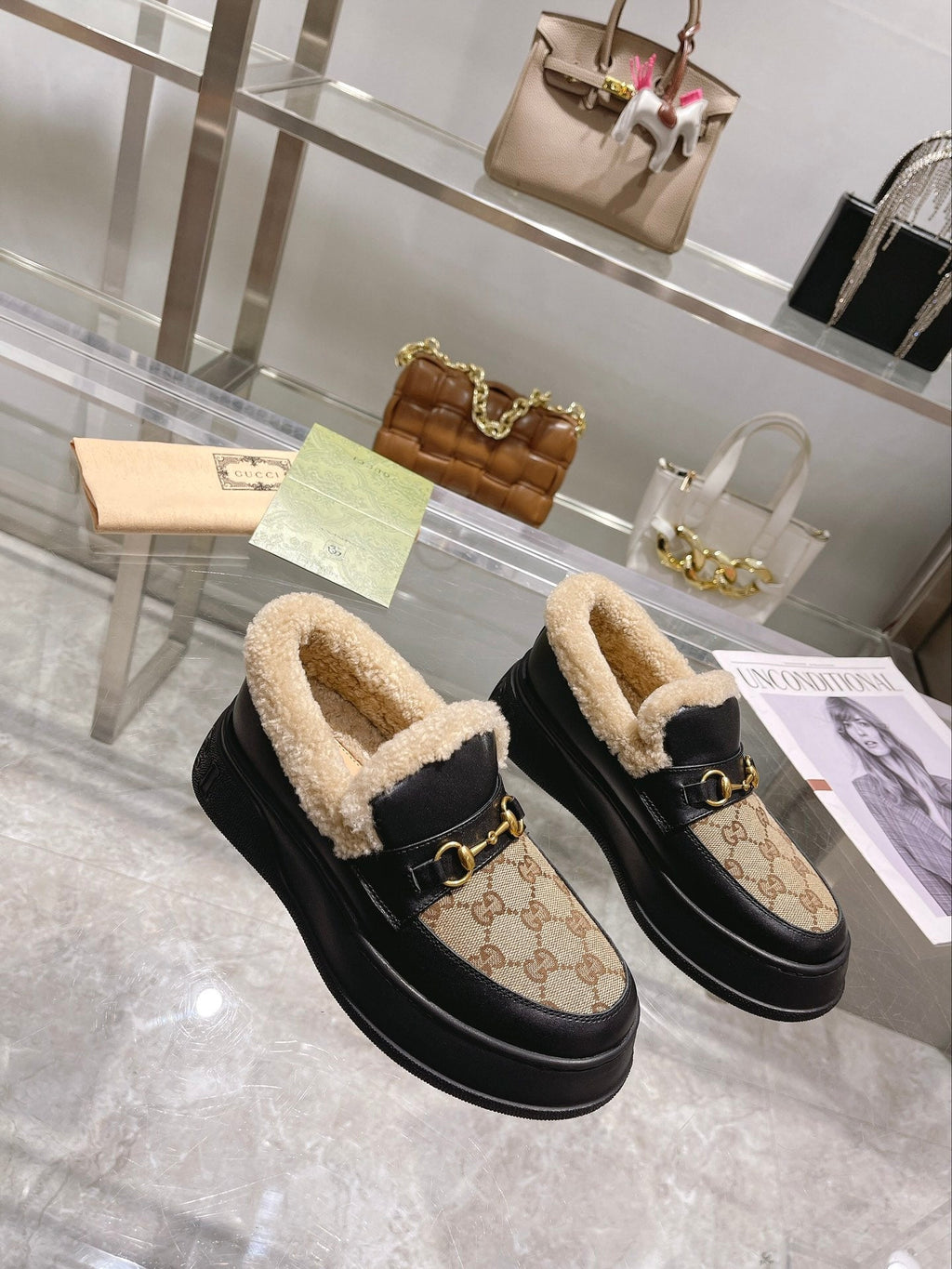 GG Snow Boots Black Beige Calfskin Denim Wool 576250