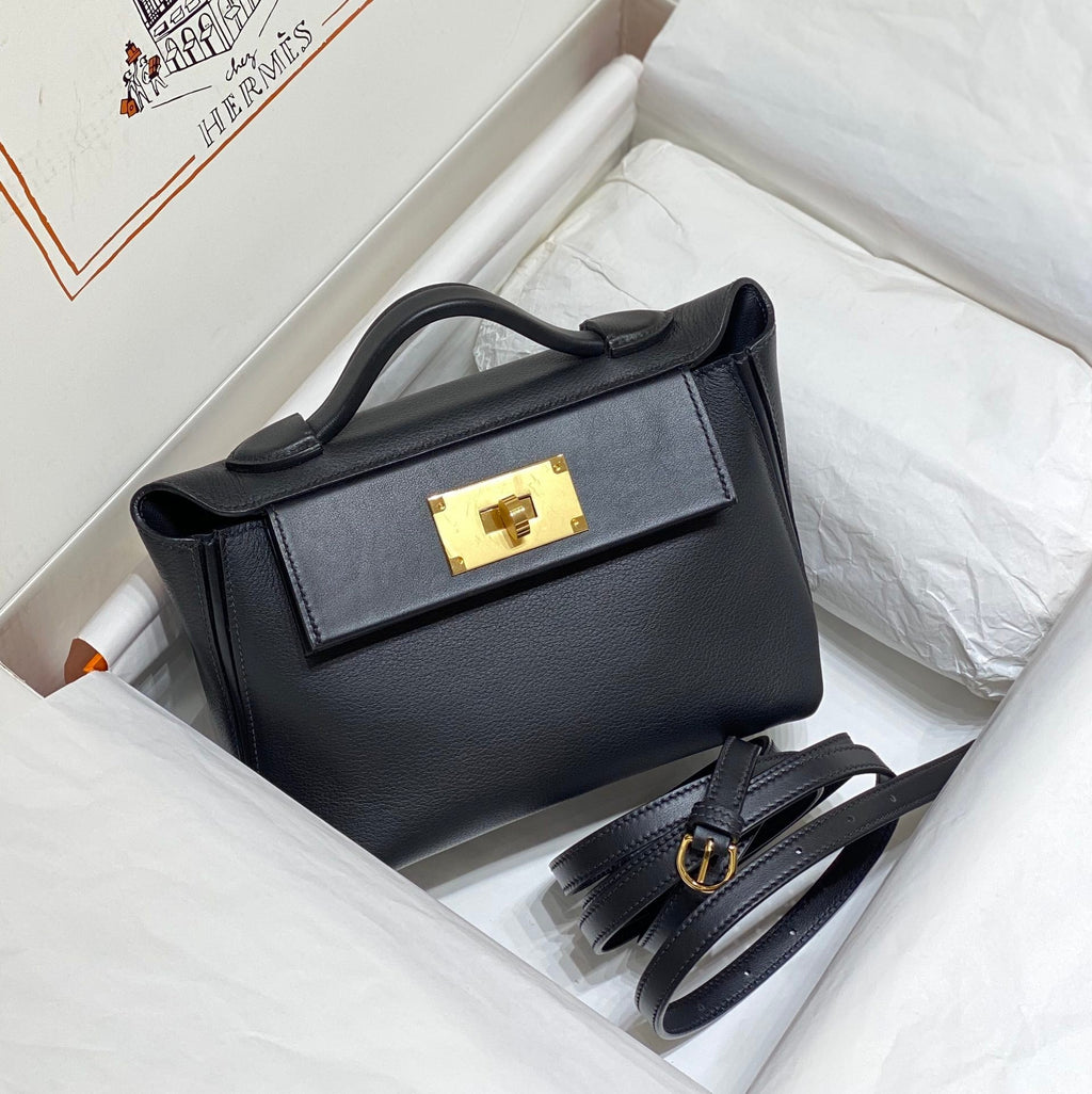 HM Mini 24 Sur 24 Bag 21cm Black Swift Cowhide Gold Hardware 250257