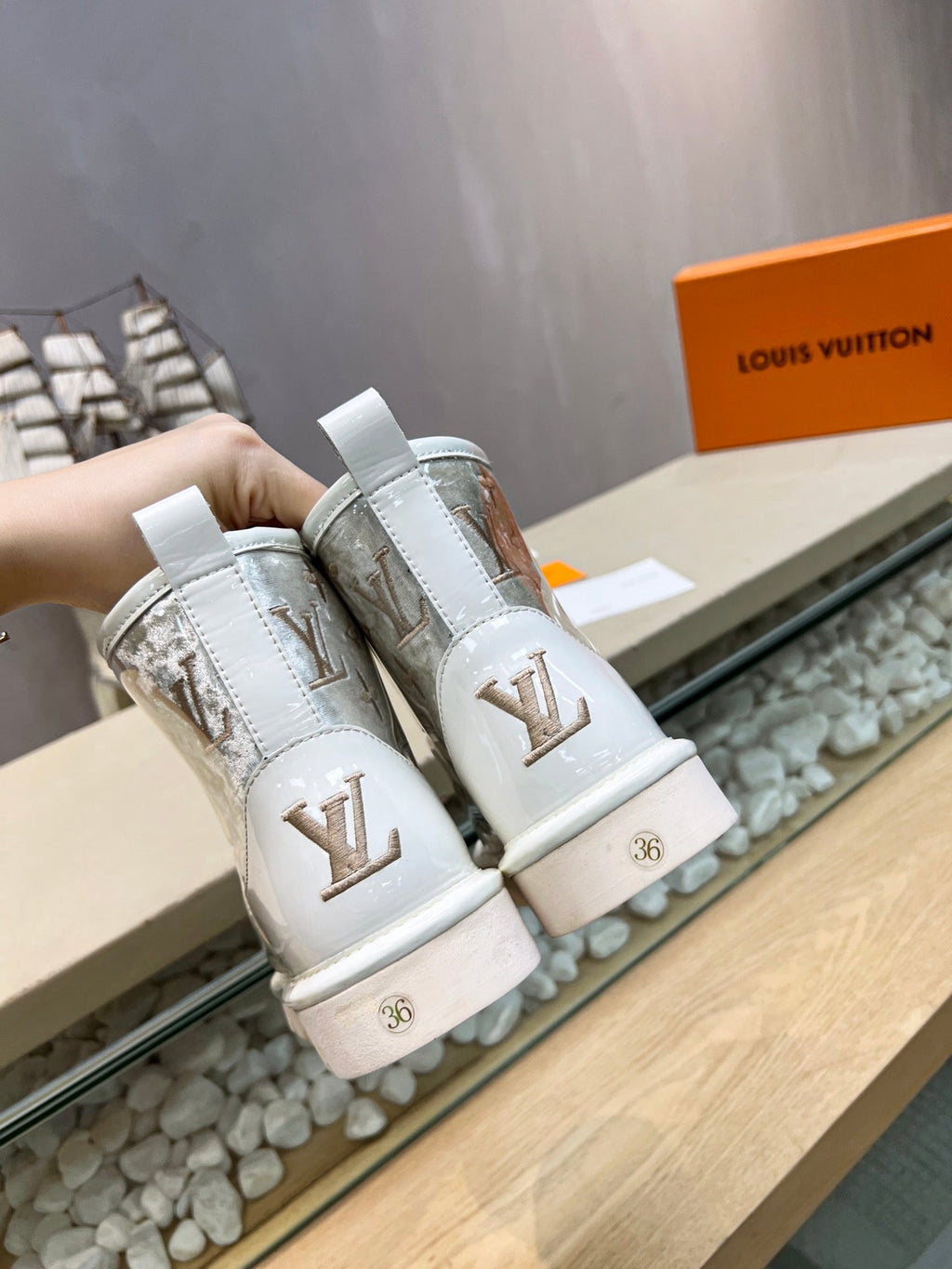 LV 25 Snow Boots Sliver Monogram PVC Wool