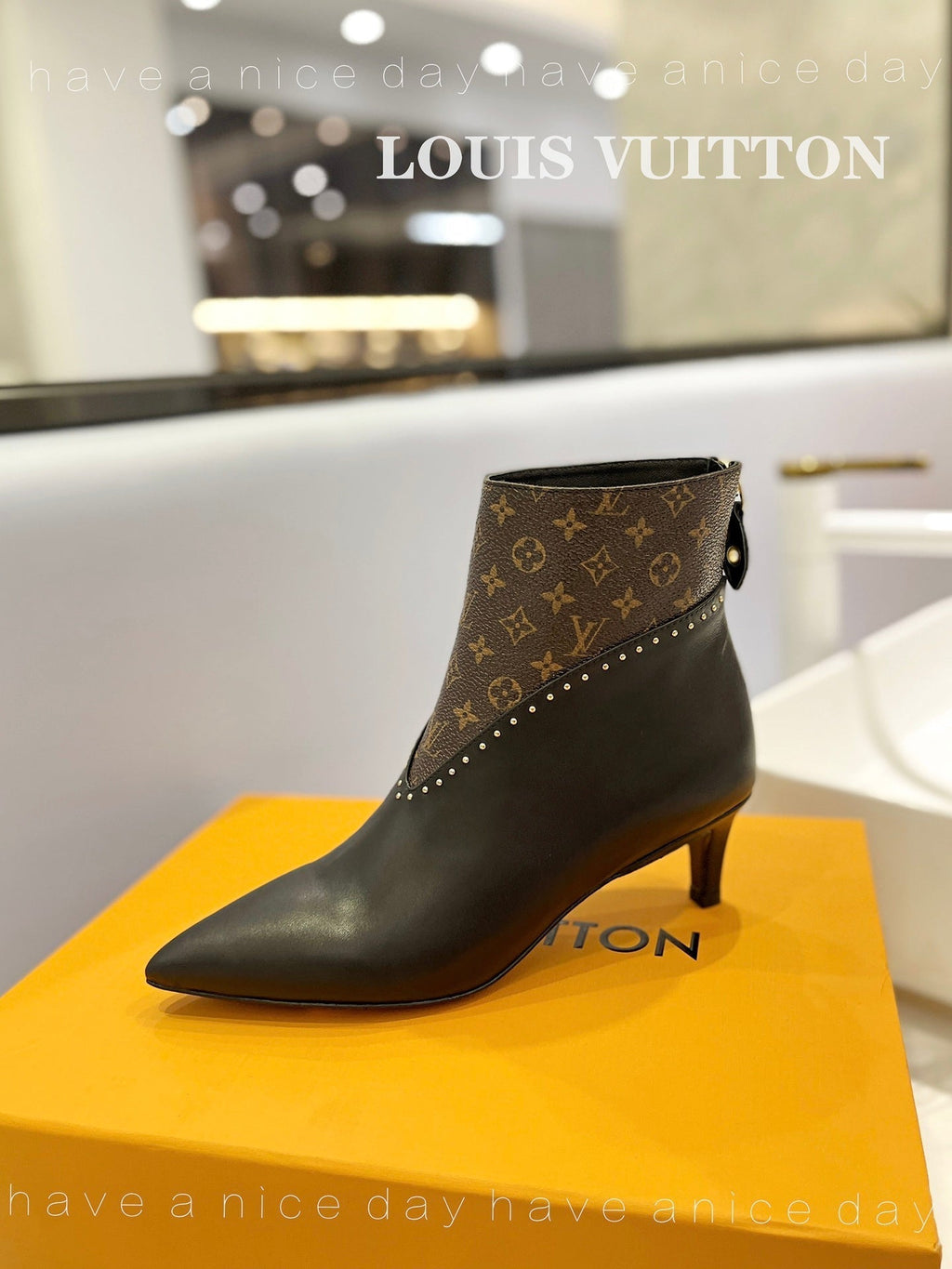 LV Cherie Ankle Boots 4.5cm Black Calfskin Monogram Canvas