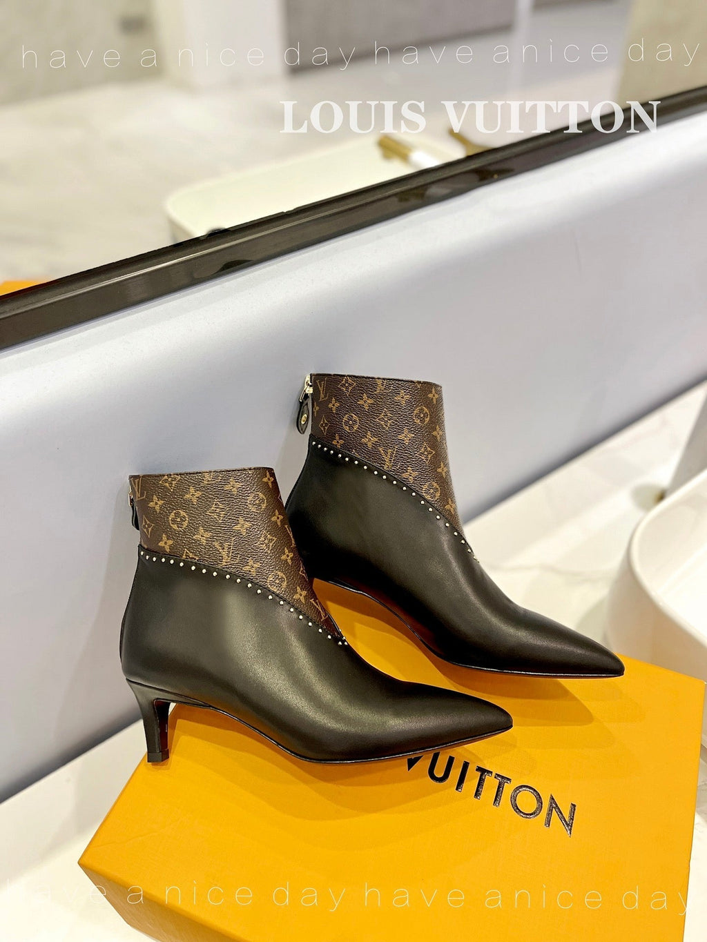LV Cherie Ankle Boots 4.5cm Black Calfskin Monogram Canvas