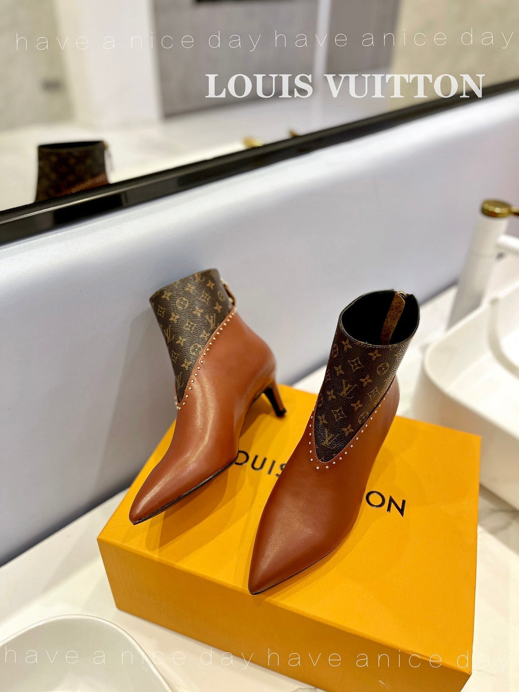 LV Cherie Ankle Boots 4.5cm Brown Calfskin Monogram Canvas