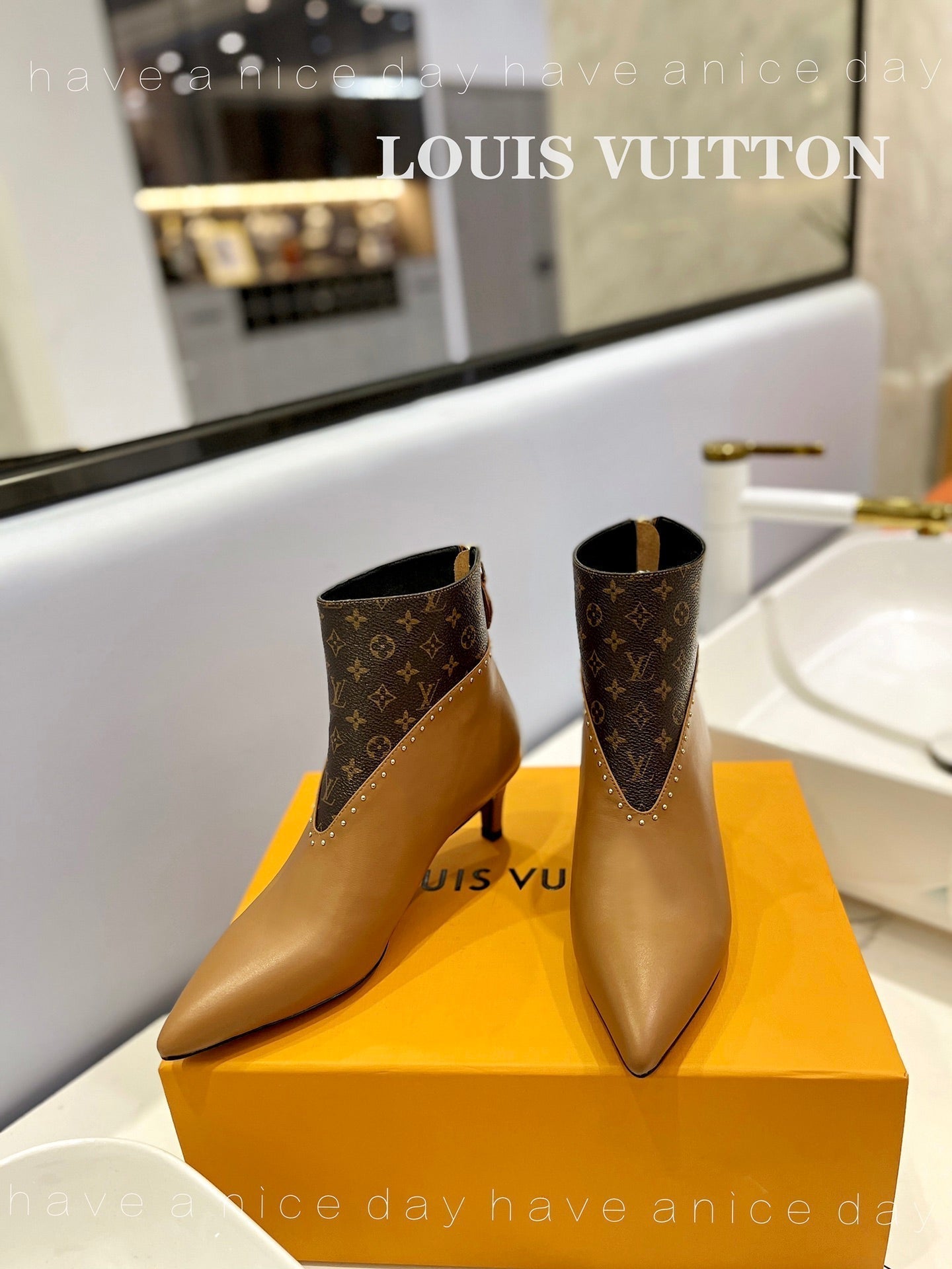 LV Cherie Ankle Boots 4.5cm Light Brown Calfskin Monogram Canvas
