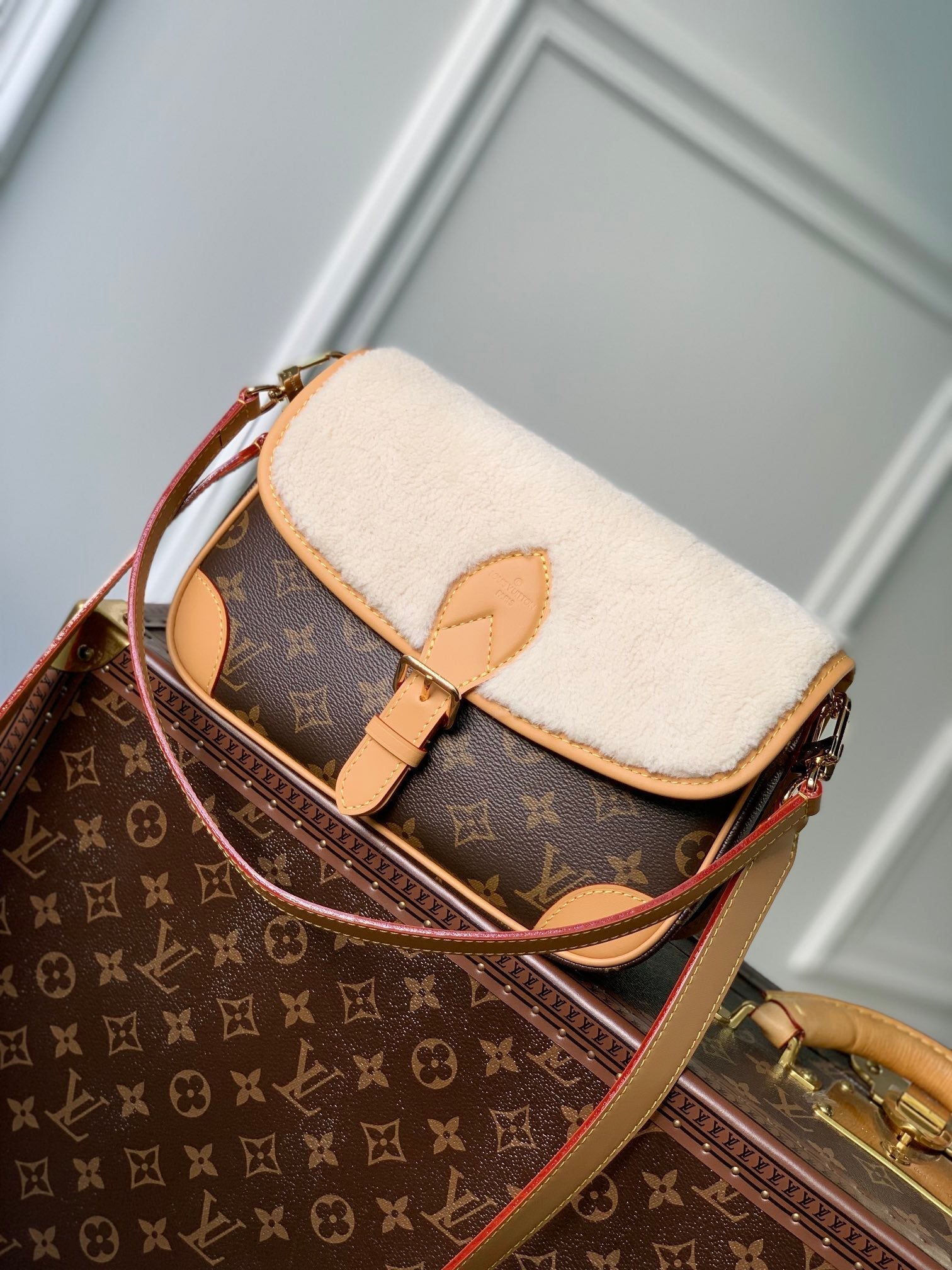 diane 24 brown monogram canvas white fleece
