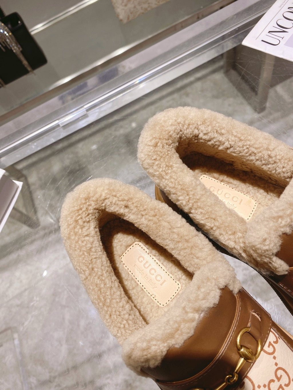 GG Snow Boots Brown Beige Cowhide Wool 576235