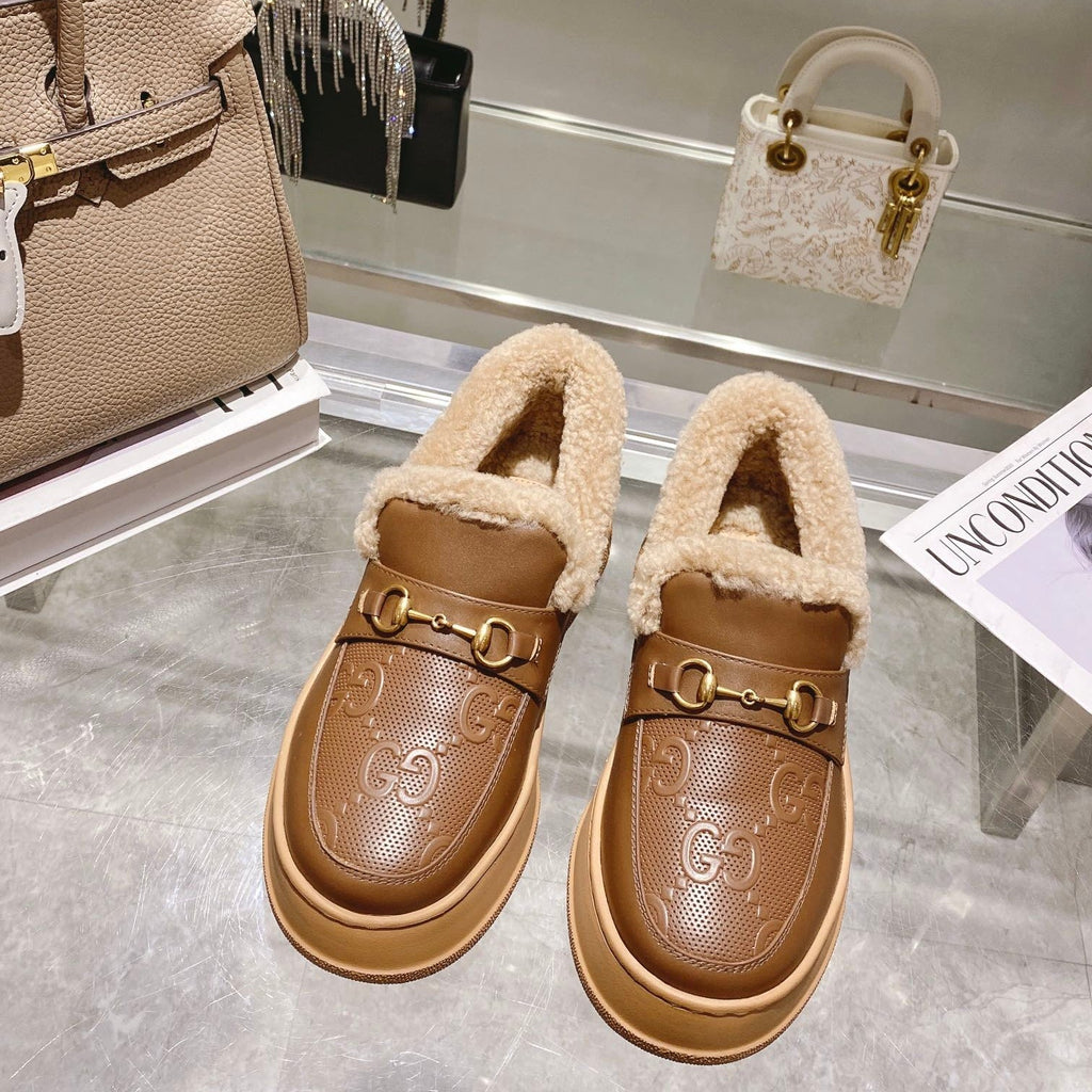 GG Snow Boots Brown Calfskin Wool 576240