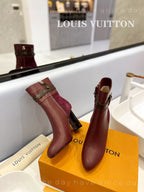 LV 26s Silhouette Ankle Boot 10cm Burgundy Cowhide Suede & Monogram Canvas 574029