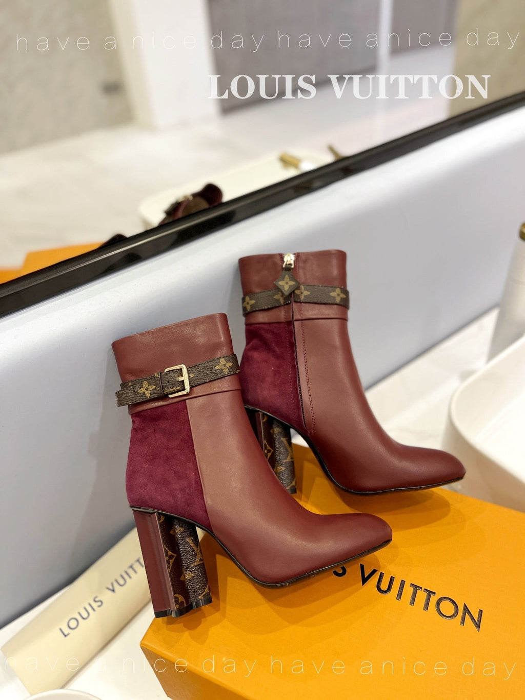LV 26s Silhouette Ankle Boot 10cm Burgundy Cowhide Suede & Monogram Canvas 574029