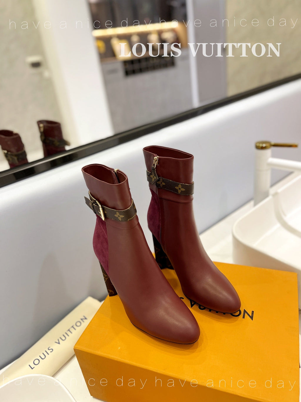 LV 26s Silhouette Ankle Boot 10cm Burgundy Cowhide Suede & Monogram Canvas 574029