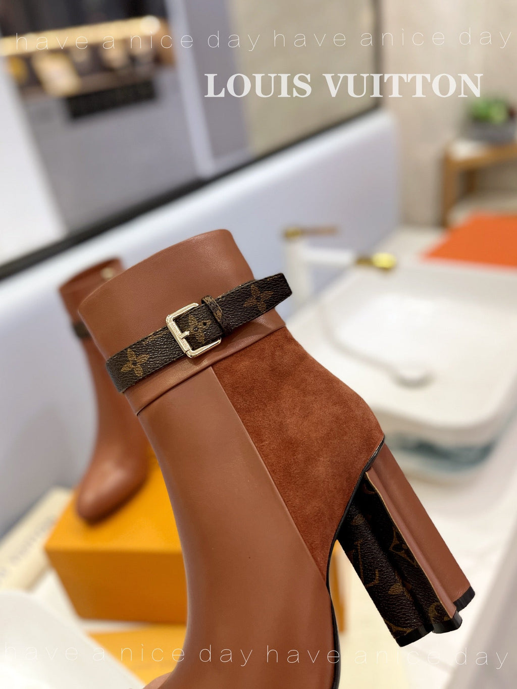 LV 26s Silhouette Ankle Boot 10cm Brown Cowhide Suede & Monogram Canvas 574030