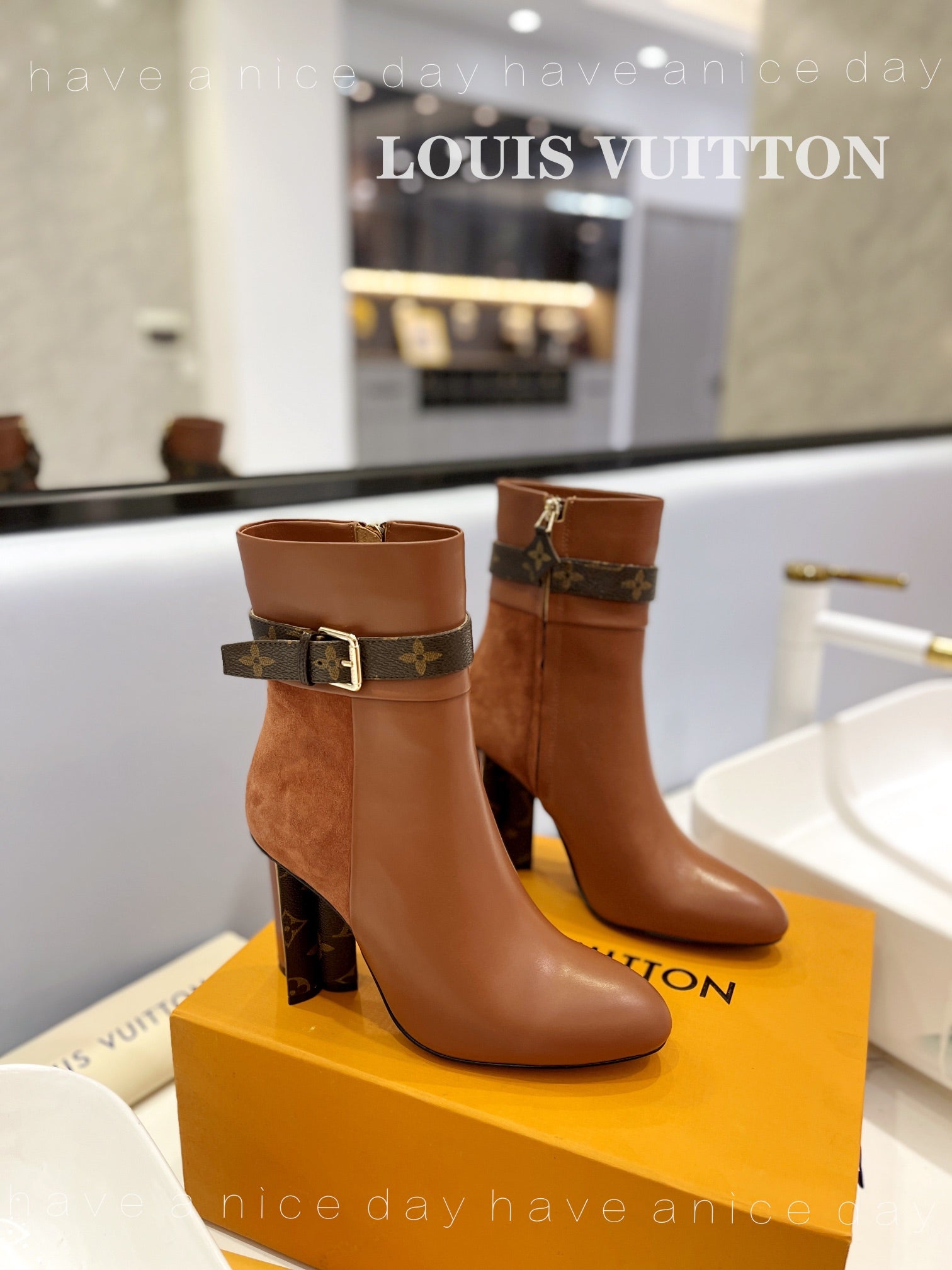 LV 26s Silhouette Ankle Boot 10cm Brown Cowhide Suede & Monogram Canvas 574030