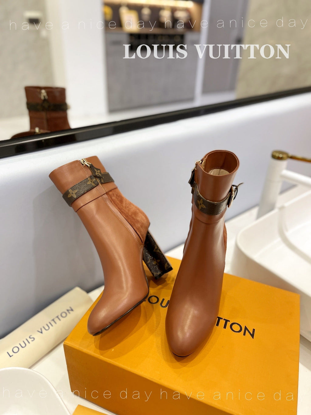 LV 26s Silhouette Ankle Boot 10cm Brown Cowhide Suede & Monogram Canvas 574030