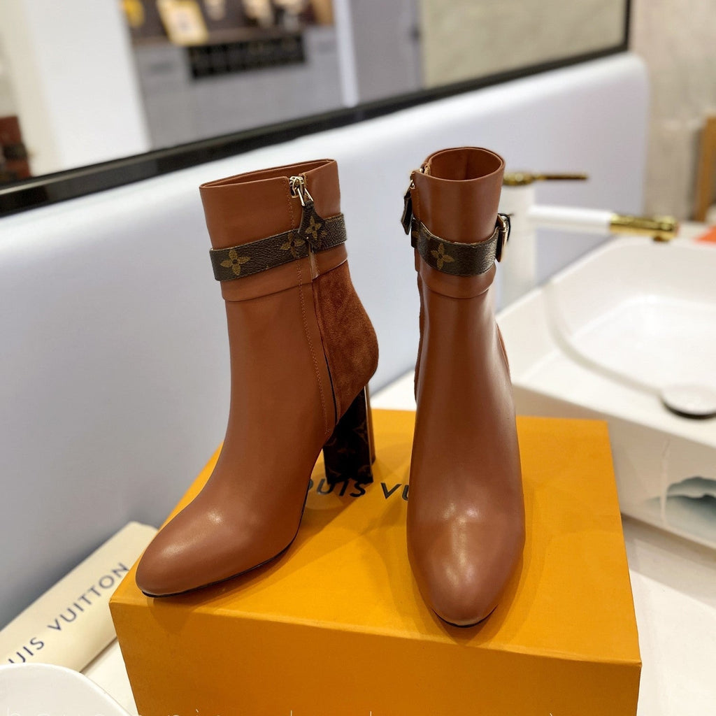 LV 26s Silhouette Ankle Boot 10cm Brown Cowhide Suede & Monogram Canvas 574030