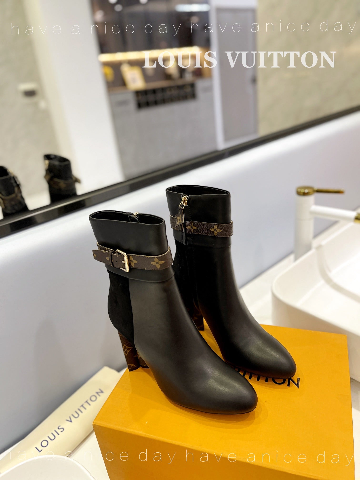 LV 26s Silhouette Ankle Boot 10cm Black Cowhide Suede & Monogram Canvas 574331